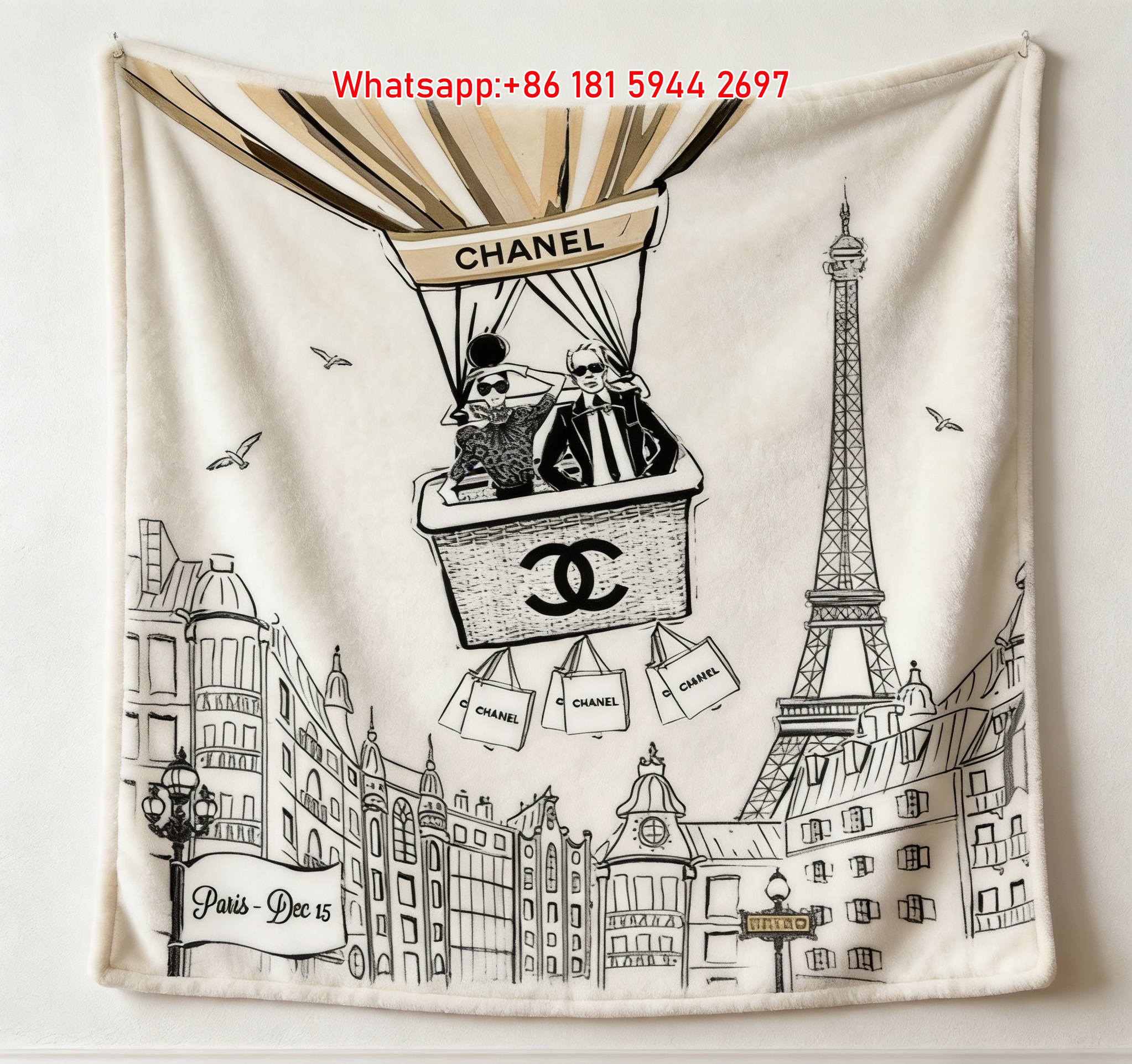 Chanel Flannel Throw Blanket Hot Air Balloon Paris Art Print IMG_7345